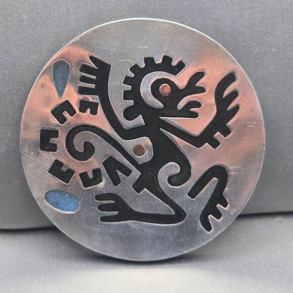 VTG Taxco Sterling Aztec Monkey Brooch 2" Black Enamel Turquoise Inlay Signed RH - Picture 10 of 10